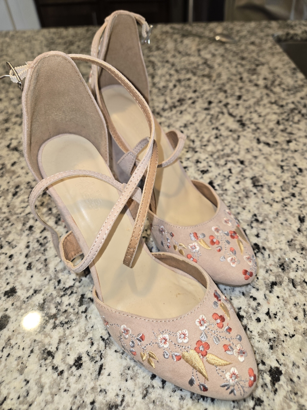 Charlotte Russe Blush Pink Embroidered Ankle-Strap Heels